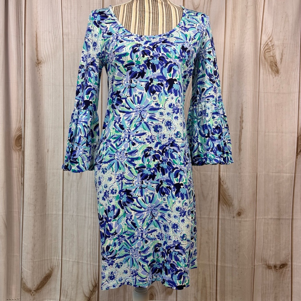 Lilly Pulitzer Carlile Sheath Dress Bell Sleeve Iris Blue High Maintenance Sz Sm